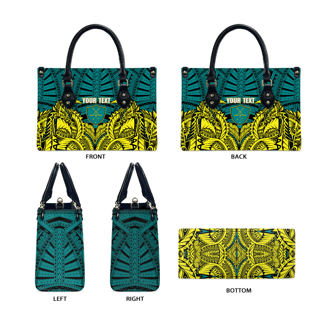Personalized Hockeyroos Kangaroo Field Hockey Leather Bag Tribal Geometric Green Gold Symmetrical Pattern Design