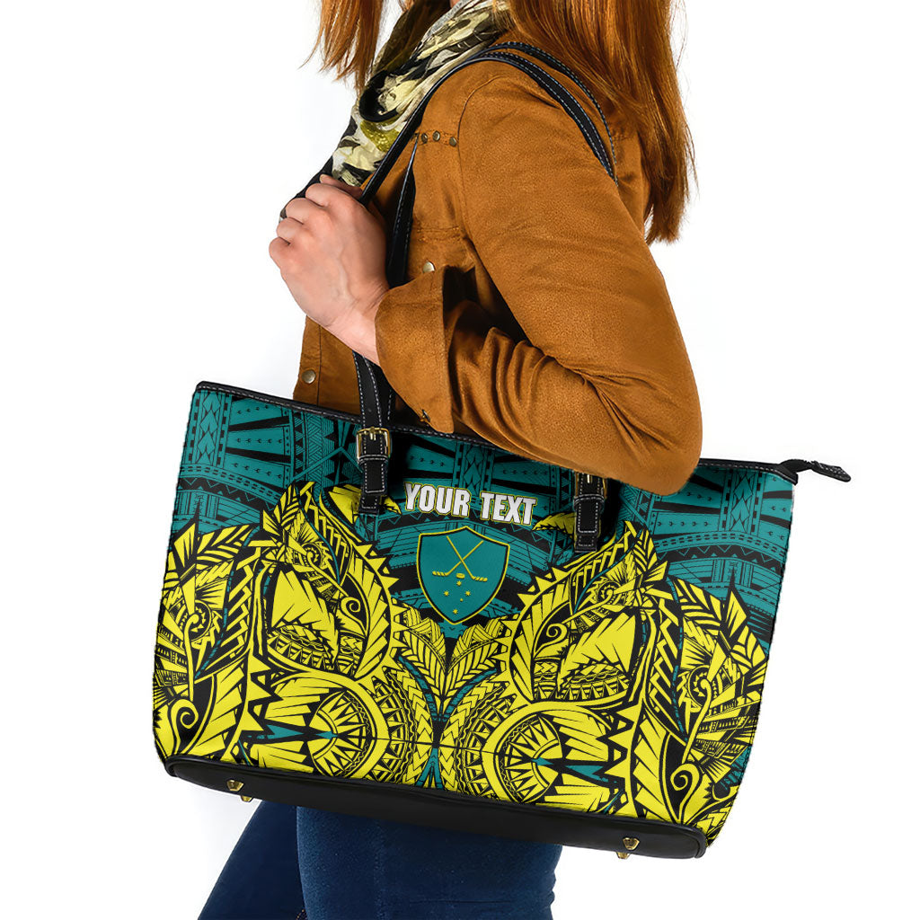 Personalized Hockeyroos Kangaroo Field Hockey Leather Tote Bag Tribal Geometric Green Gold Symmetrical Pattern Design