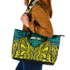 Personalized Hockeyroos Kangaroo Field Hockey Leather Tote Bag Tribal Geometric Green Gold Symmetrical Pattern Design