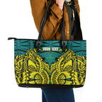 Personalized Hockeyroos Kangaroo Field Hockey Leather Tote Bag Tribal Geometric Green Gold Symmetrical Pattern Design