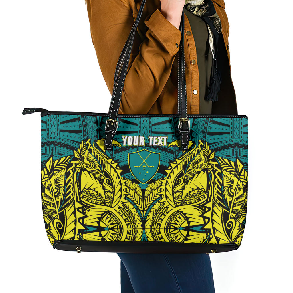 Personalized Hockeyroos Kangaroo Field Hockey Leather Tote Bag Tribal Geometric Green Gold Symmetrical Pattern Design