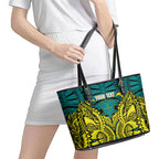 Personalized Hockeyroos Kangaroo Field Hockey Leather Tote Bag Tribal Geometric Green Gold Symmetrical Pattern Design
