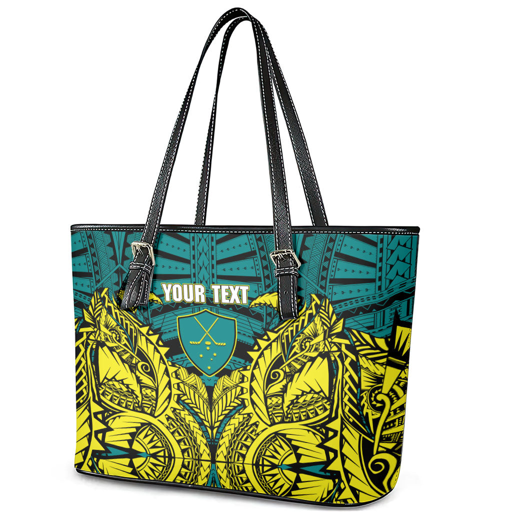 Personalized Hockeyroos Kangaroo Field Hockey Leather Tote Bag Tribal Geometric Green Gold Symmetrical Pattern Design
