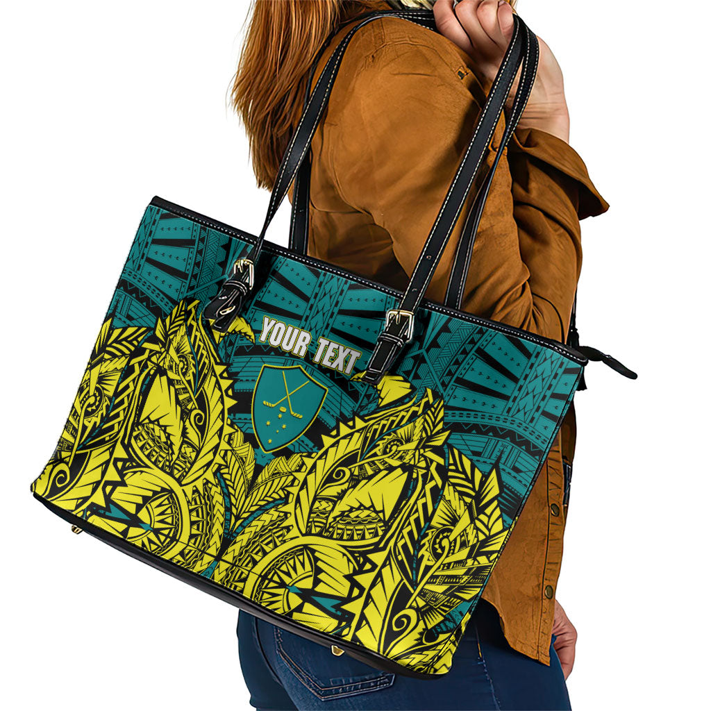 Personalized Hockeyroos Kangaroo Field Hockey Leather Tote Bag Tribal Geometric Green Gold Symmetrical Pattern Design