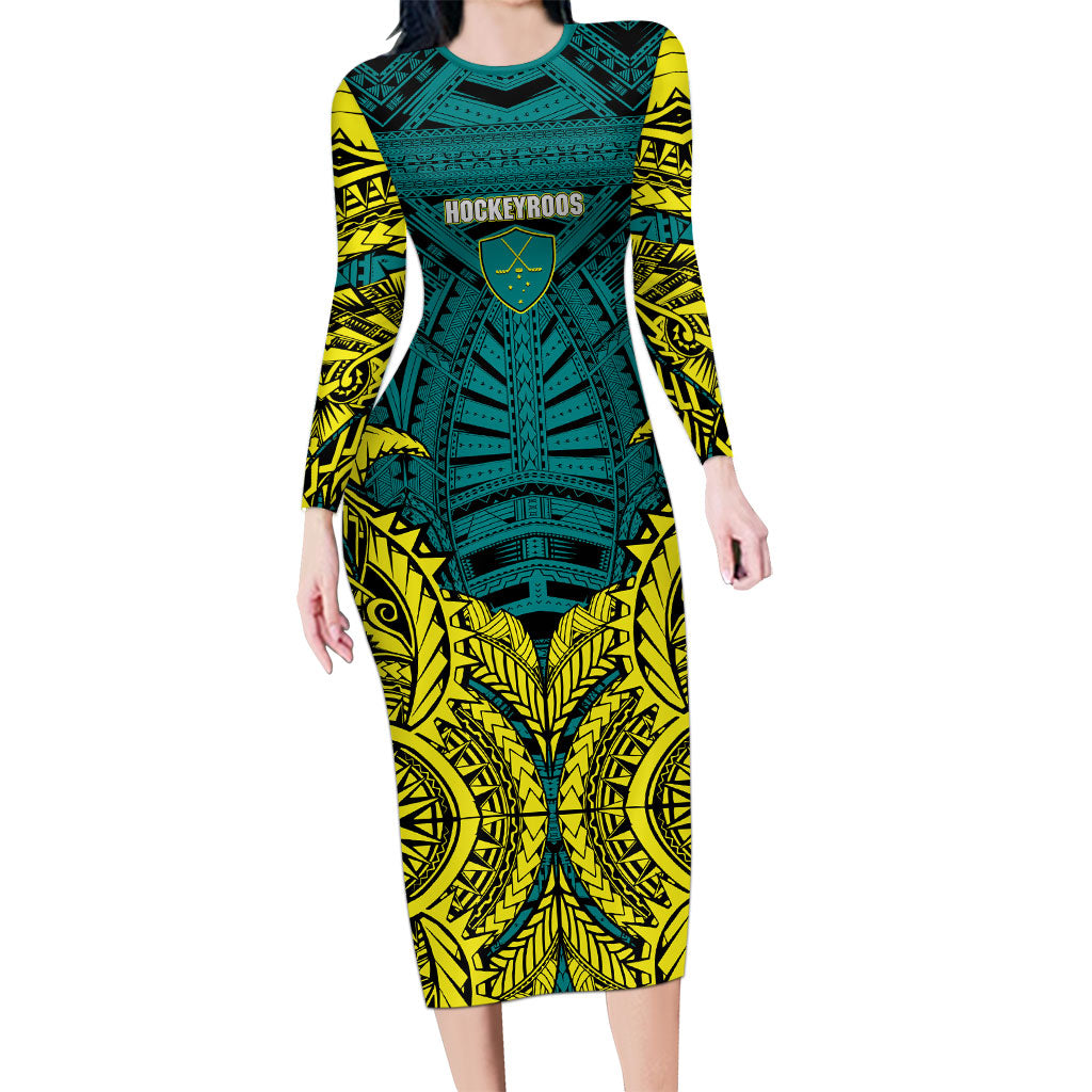 Personalized Hockeyroos Kangaroo Field Hockey Long Sleeve Bodycon Dress Tribal Geometric Green Gold Symmetrical Pattern Design