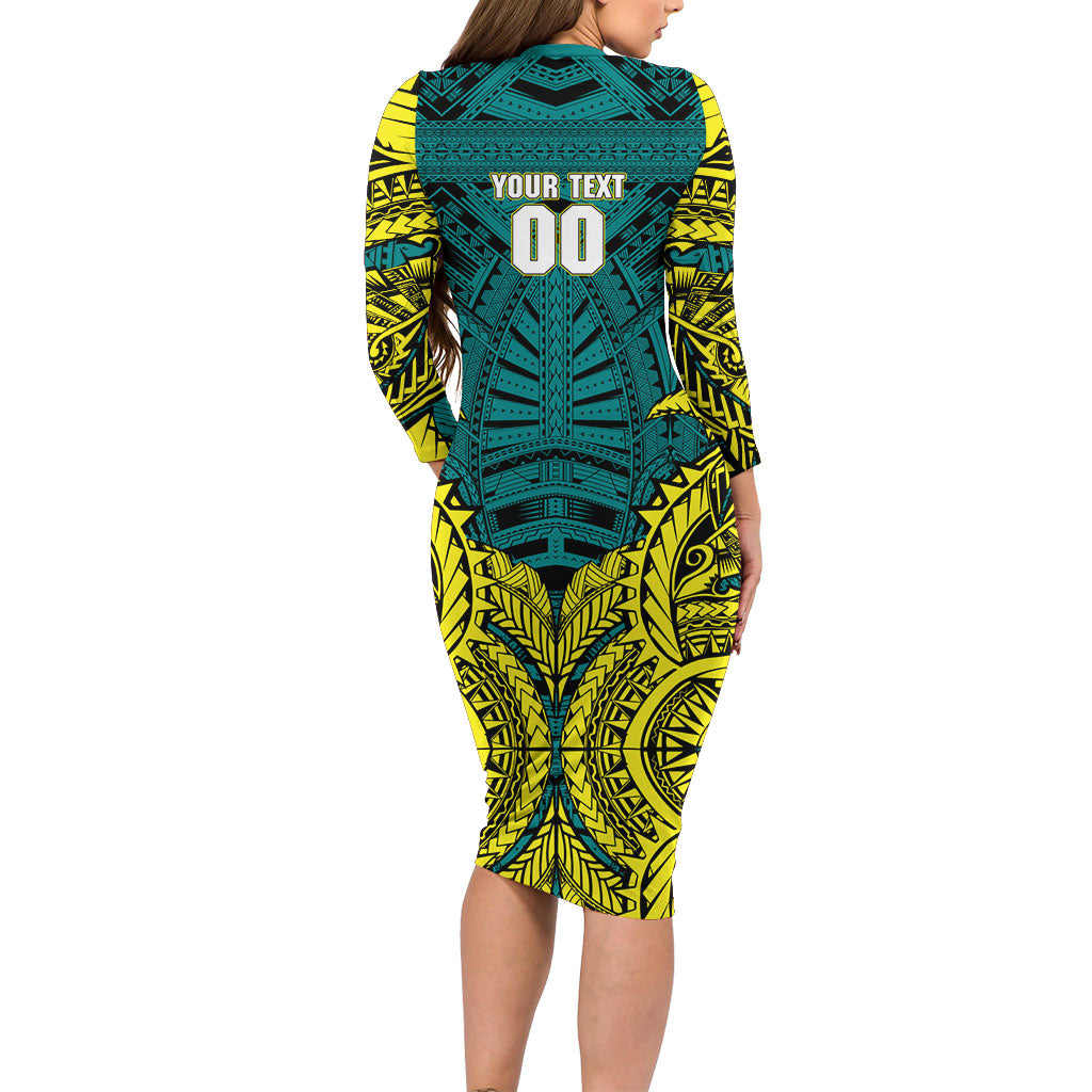 Personalized Hockeyroos Kangaroo Field Hockey Long Sleeve Bodycon Dress Tribal Geometric Green Gold Symmetrical Pattern Design