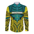Personalized Hockeyroos Kangaroo Field Hockey Long Sleeve Button Shirt Tribal Geometric Green Gold Symmetrical Pattern Design