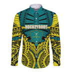 Personalized Hockeyroos Kangaroo Field Hockey Long Sleeve Button Shirt Tribal Geometric Green Gold Symmetrical Pattern Design