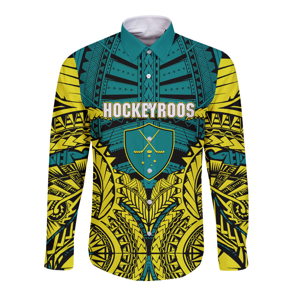 Personalized Hockeyroos Kangaroo Field Hockey Long Sleeve Button Shirt Tribal Geometric Green Gold Symmetrical Pattern Design