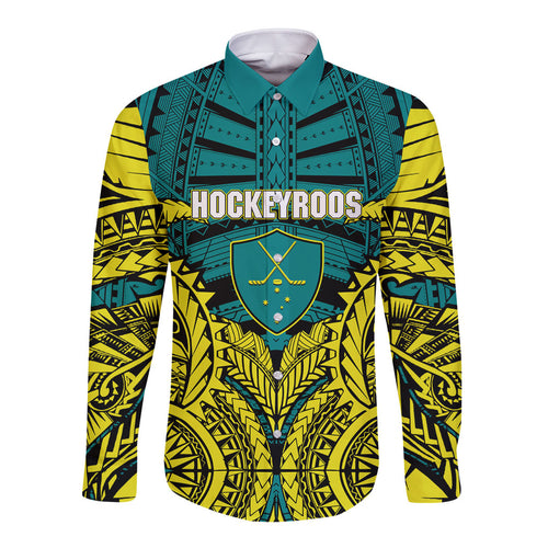 Personalized Hockeyroos Kangaroo Field Hockey Long Sleeve Button Shirt Tribal Geometric Green Gold Symmetrical Pattern Design