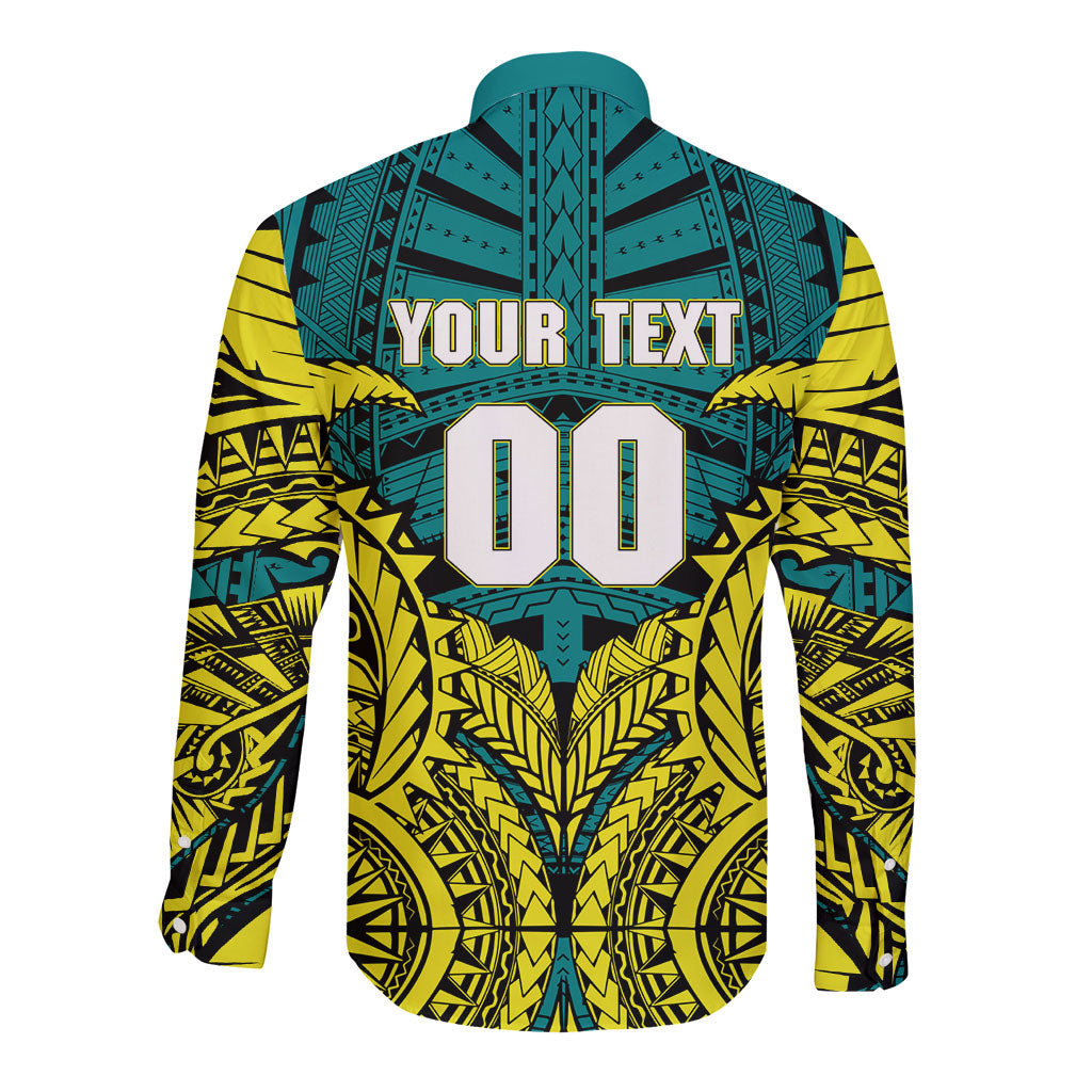 Personalized Hockeyroos Kangaroo Field Hockey Long Sleeve Button Shirt Tribal Geometric Green Gold Symmetrical Pattern Design