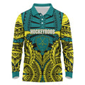 Personalized Hockeyroos Kangaroo Field Hockey Long Sleeve Polo Shirt Tribal Geometric Green Gold Symmetrical Pattern Design