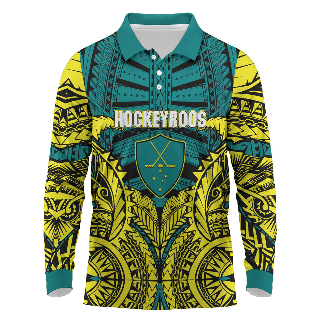 Personalized Hockeyroos Kangaroo Field Hockey Long Sleeve Polo Shirt Tribal Geometric Green Gold Symmetrical Pattern Design