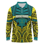 Personalized Hockeyroos Kangaroo Field Hockey Long Sleeve Polo Shirt Tribal Geometric Green Gold Symmetrical Pattern Design