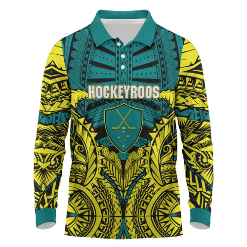 Personalized Hockeyroos Kangaroo Field Hockey Long Sleeve Polo Shirt Tribal Geometric Green Gold Symmetrical Pattern Design