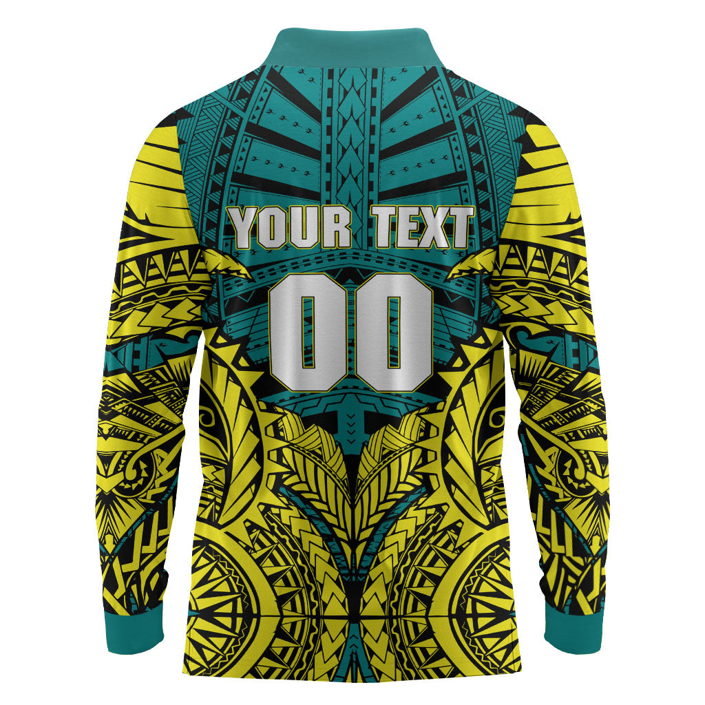 Personalized Hockeyroos Kangaroo Field Hockey Long Sleeve Polo Shirt Tribal Geometric Green Gold Symmetrical Pattern Design