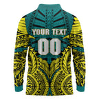 Personalized Hockeyroos Kangaroo Field Hockey Long Sleeve Polo Shirt Tribal Geometric Green Gold Symmetrical Pattern Design