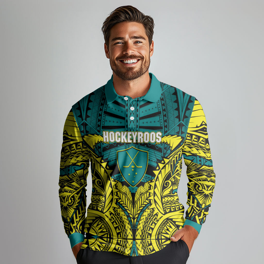 Personalized Hockeyroos Kangaroo Field Hockey Long Sleeve Polo Shirt Tribal Geometric Green Gold Symmetrical Pattern Design