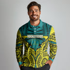 Personalized Hockeyroos Kangaroo Field Hockey Long Sleeve Polo Shirt Tribal Geometric Green Gold Symmetrical Pattern Design