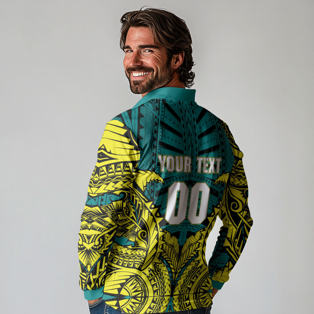 Personalized Hockeyroos Kangaroo Field Hockey Long Sleeve Polo Shirt Tribal Geometric Green Gold Symmetrical Pattern Design