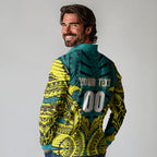 Personalized Hockeyroos Kangaroo Field Hockey Long Sleeve Polo Shirt Tribal Geometric Green Gold Symmetrical Pattern Design