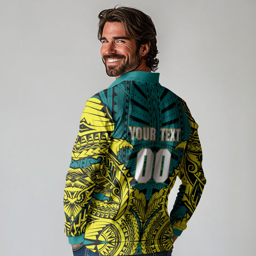 Personalized Hockeyroos Kangaroo Field Hockey Long Sleeve Polo Shirt Tribal Geometric Green Gold Symmetrical Pattern Design