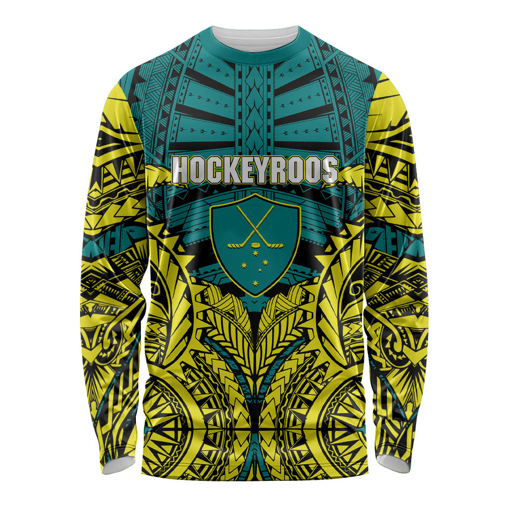 Personalized Hockeyroos Kangaroo Field Hockey Long Sleeve Shirt Tribal Geometric Green Gold Symmetrical Pattern Design