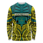 Personalized Hockeyroos Kangaroo Field Hockey Long Sleeve Shirt Tribal Geometric Green Gold Symmetrical Pattern Design