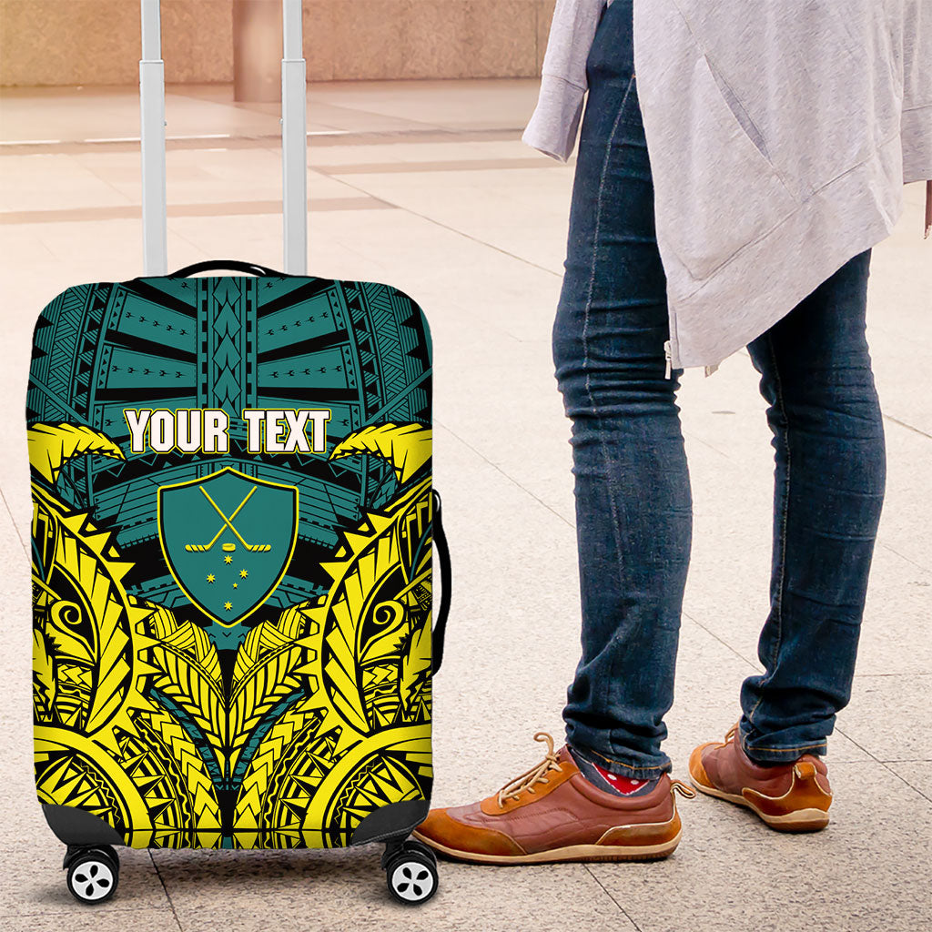 Personalized Hockeyroos Kangaroo Field Hockey Luggage Cover Tribal Geometric Green Gold Symmetrical Pattern Design