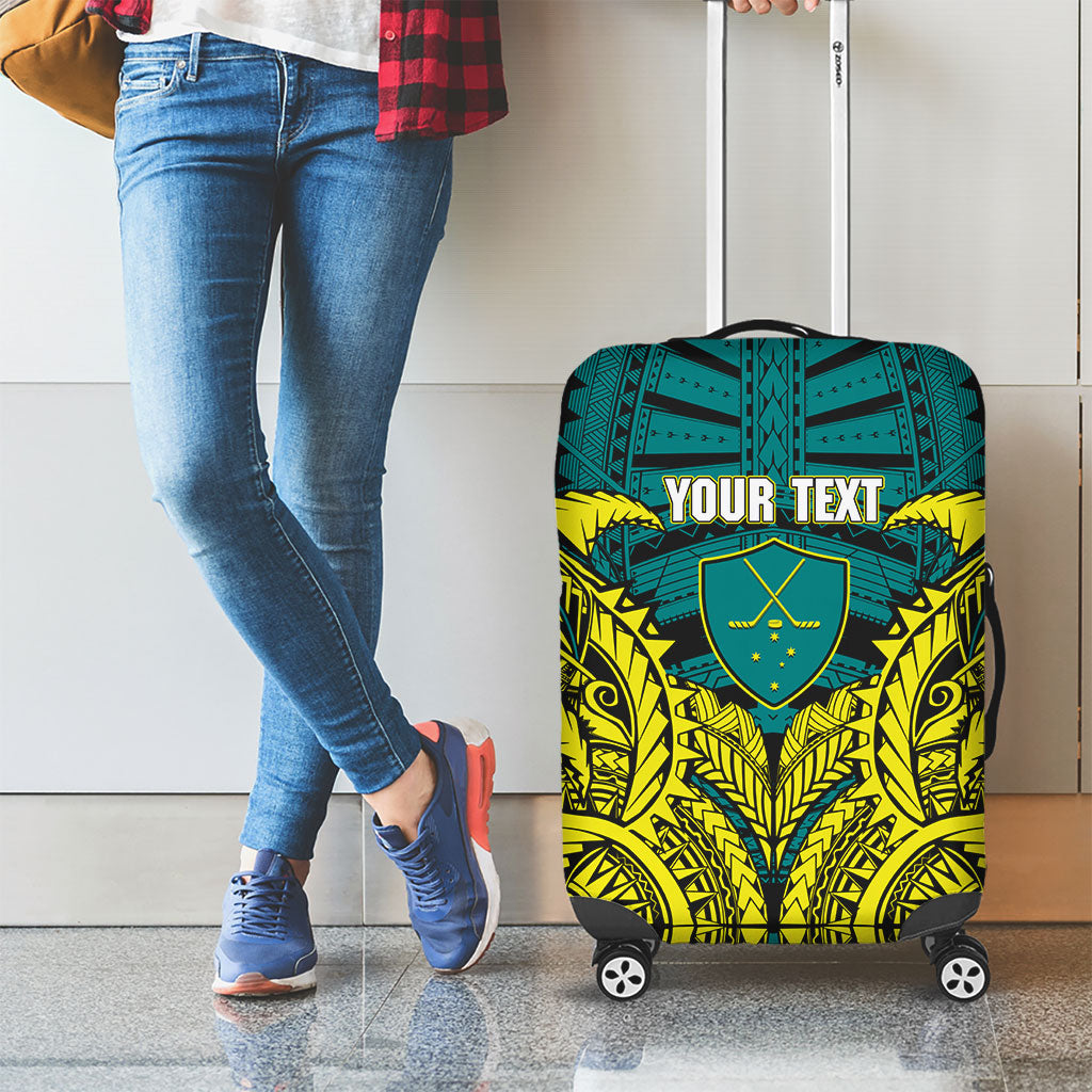 Personalized Hockeyroos Kangaroo Field Hockey Luggage Cover Tribal Geometric Green Gold Symmetrical Pattern Design