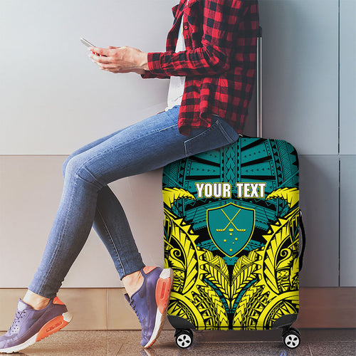 Personalized Hockeyroos Kangaroo Field Hockey Luggage Cover Tribal Geometric Green Gold Symmetrical Pattern Design