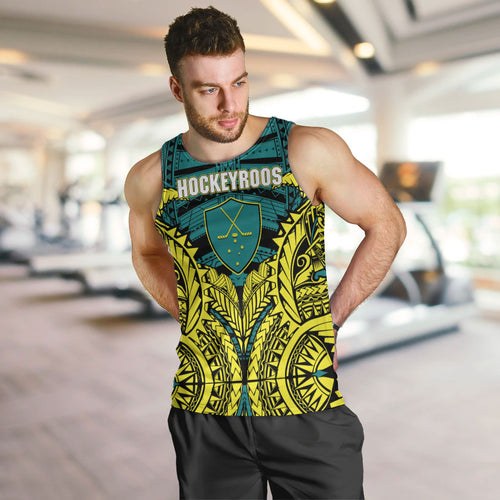 Personalized Hockeyroos Kangaroo Field Hockey Men Tank Top Tribal Geometric Green Gold Symmetrical Pattern Design
