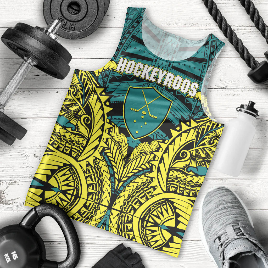 Personalized Hockeyroos Kangaroo Field Hockey Men Tank Top Tribal Geometric Green Gold Symmetrical Pattern Design