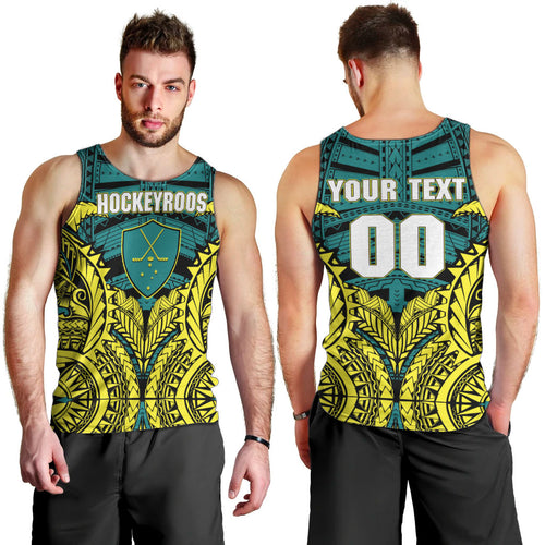 Personalized Hockeyroos Kangaroo Field Hockey Men Tank Top Tribal Geometric Green Gold Symmetrical Pattern Design