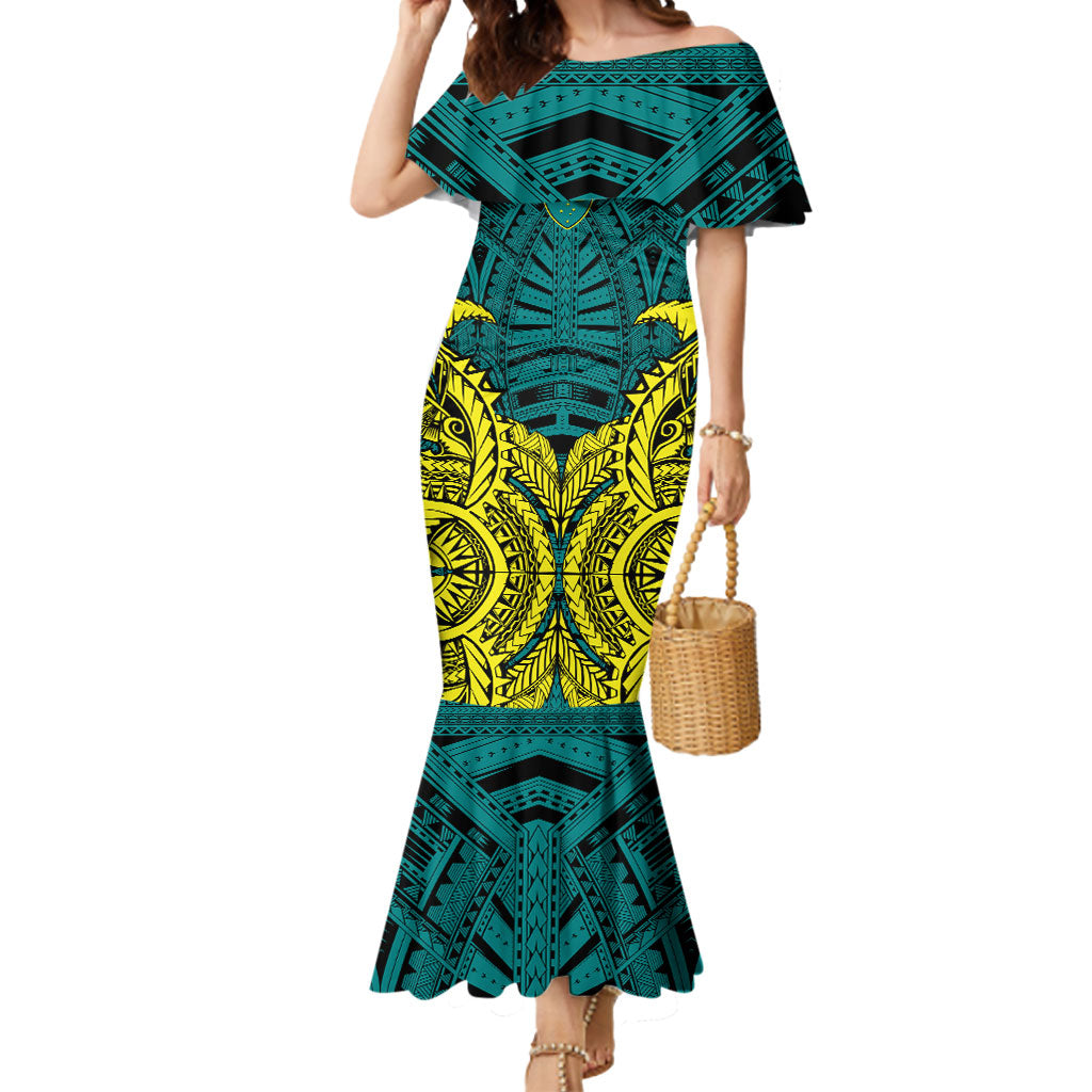 Personalized Hockeyroos Kangaroo Field Hockey Mermaid Dress Tribal Geometric Green Gold Symmetrical Pattern Design