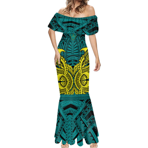Personalized Hockeyroos Kangaroo Field Hockey Mermaid Dress Tribal Geometric Green Gold Symmetrical Pattern Design
