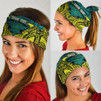 Personalized Hockeyroos Kangaroo Field Hockey Neck Gaiter Tribal Geometric Green Gold Symmetrical Pattern Design