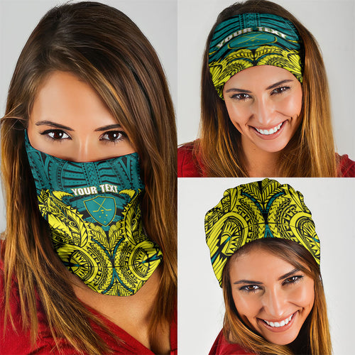 Personalized Hockeyroos Kangaroo Field Hockey Neck Gaiter Tribal Geometric Green Gold Symmetrical Pattern Design