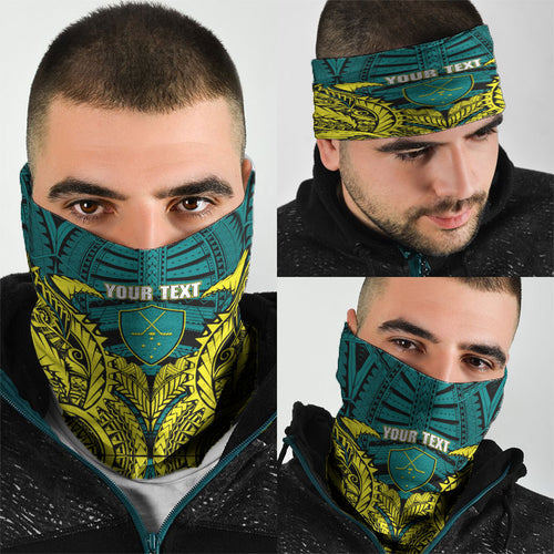 Personalized Hockeyroos Kangaroo Field Hockey Neck Gaiter Tribal Geometric Green Gold Symmetrical Pattern Design