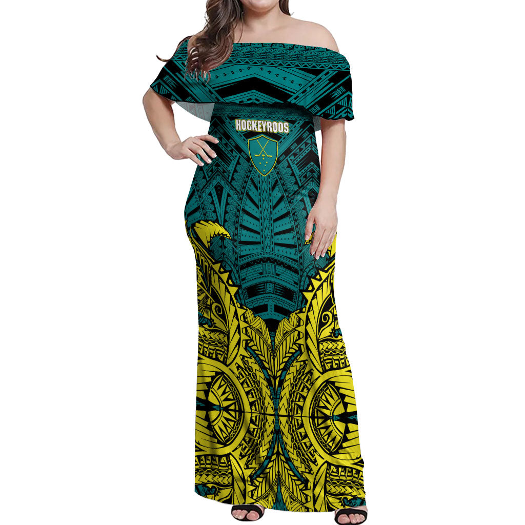 Personalized Hockeyroos Kangaroo Field Hockey Off Shoulder Maxi Dress Tribal Geometric Green Gold Symmetrical Pattern Design