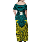 Personalized Hockeyroos Kangaroo Field Hockey Off Shoulder Maxi Dress Tribal Geometric Green Gold Symmetrical Pattern Design