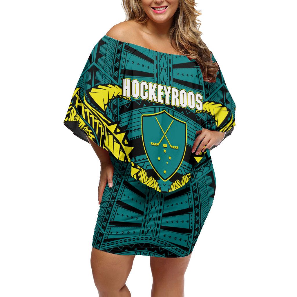 Personalized Hockeyroos Kangaroo Field Hockey Off Shoulder Short Dress Tribal Geometric Green Gold Symmetrical Pattern Design