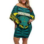 Personalized Hockeyroos Kangaroo Field Hockey Off Shoulder Short Dress Tribal Geometric Green Gold Symmetrical Pattern Design