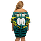 Personalized Hockeyroos Kangaroo Field Hockey Off Shoulder Short Dress Tribal Geometric Green Gold Symmetrical Pattern Design