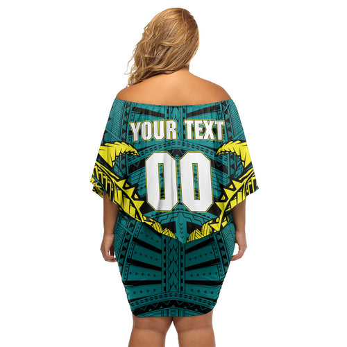 Personalized Hockeyroos Kangaroo Field Hockey Off Shoulder Short Dress Tribal Geometric Green Gold Symmetrical Pattern Design