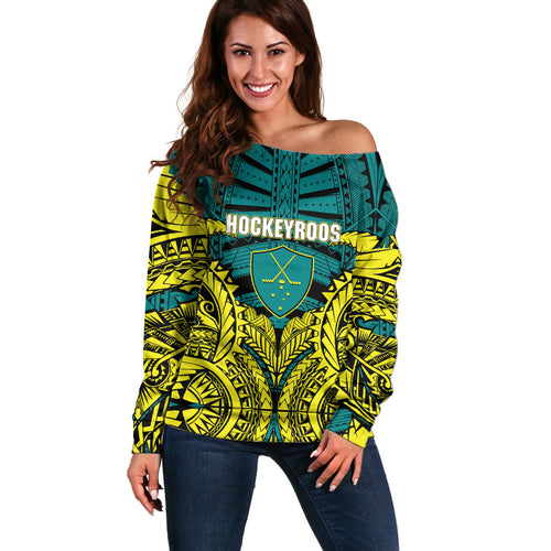 Personalized Hockeyroos Kangaroo Field Hockey Off Shoulder Sweater Tribal Geometric Green Gold Symmetrical Pattern Design
