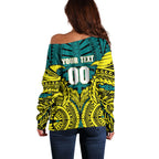 Personalized Hockeyroos Kangaroo Field Hockey Off Shoulder Sweater Tribal Geometric Green Gold Symmetrical Pattern Design