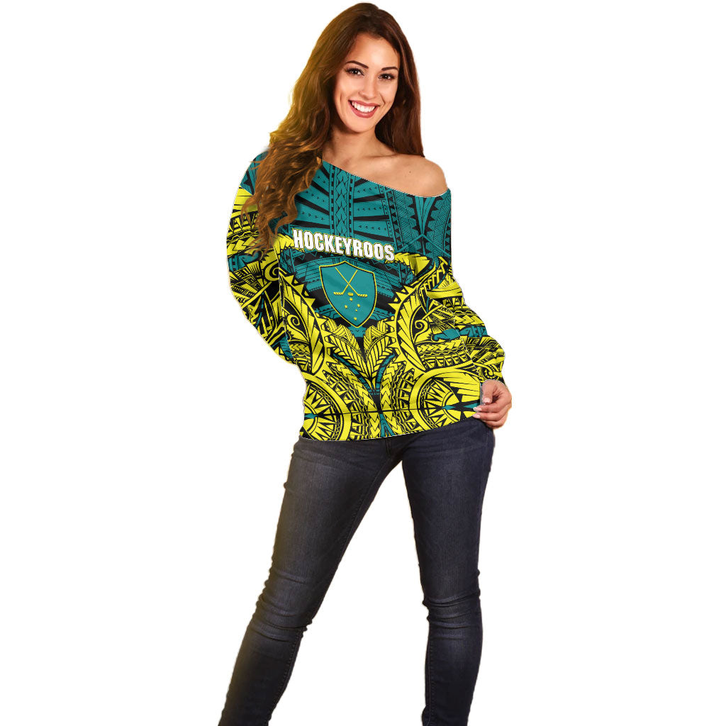 Personalized Hockeyroos Kangaroo Field Hockey Off Shoulder Sweater Tribal Geometric Green Gold Symmetrical Pattern Design