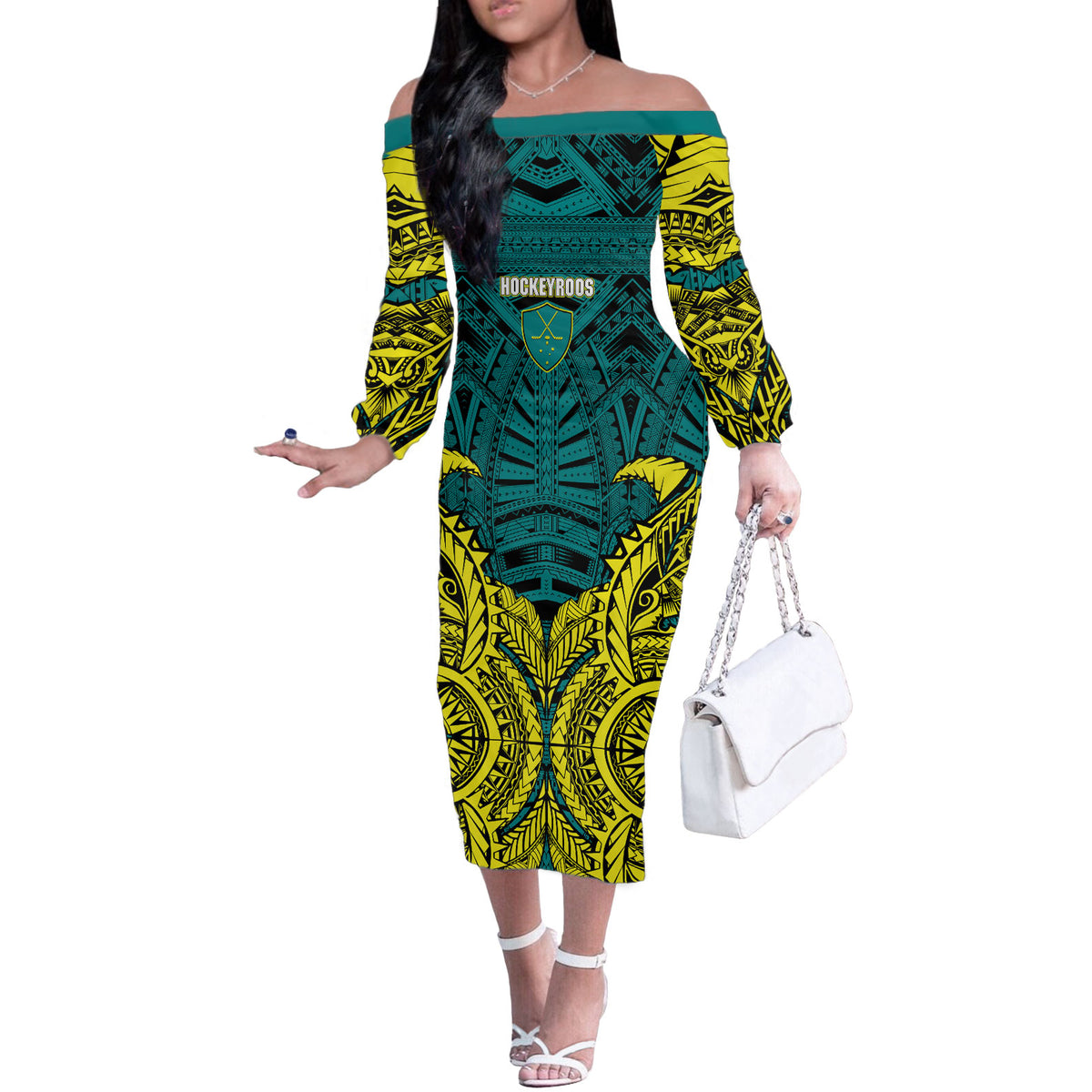 Personalized Hockeyroos Kangaroo Field Hockey Off The Shoulder Long Sleeve Dress Tribal Geometric Green Gold Symmetrical Pattern Design