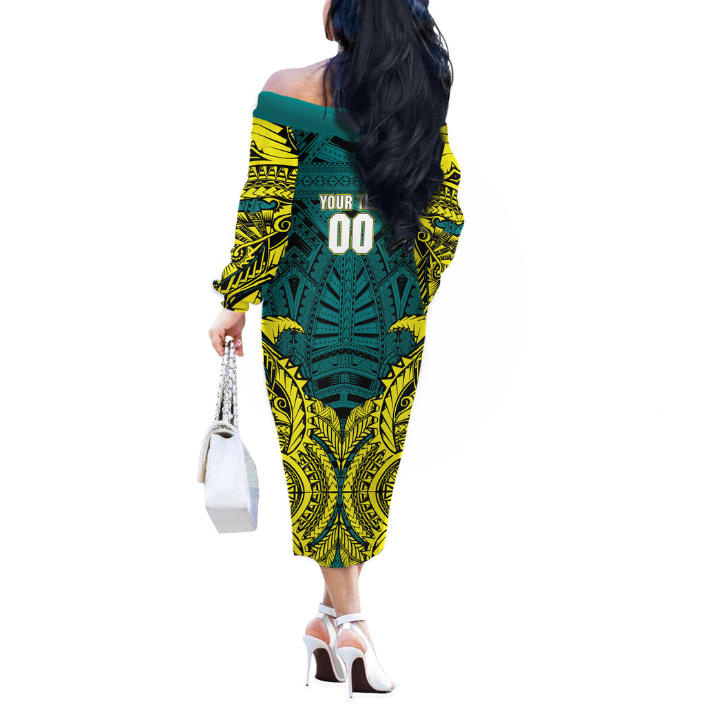 Personalized Hockeyroos Kangaroo Field Hockey Off The Shoulder Long Sleeve Dress Tribal Geometric Green Gold Symmetrical Pattern Design